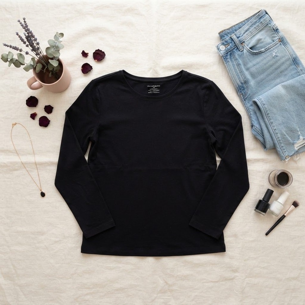 Christopher & Banks Womens Black Long Sleeve Cotton Crew Neck T-Shirt Size M